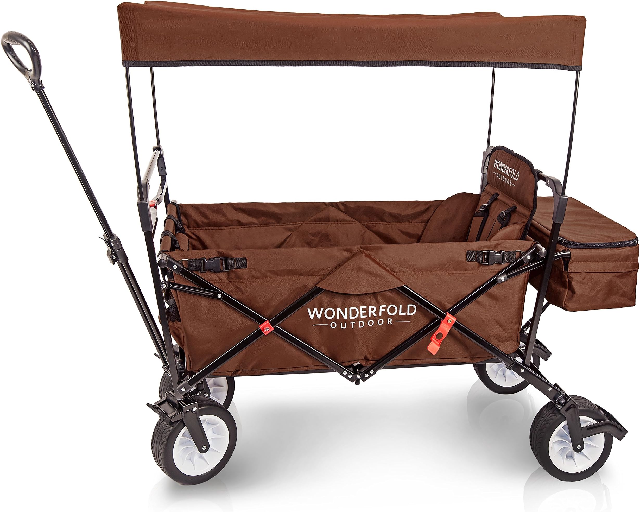 WonderFold Outdoor Premium Collapsible Folding Wagon with Canopy, Active Steering Handle, Stand, One Pedal Brake, Wide EVA Tire & One Wagon Seat with 5-Point Seat-Belt (Chocolate Brown)