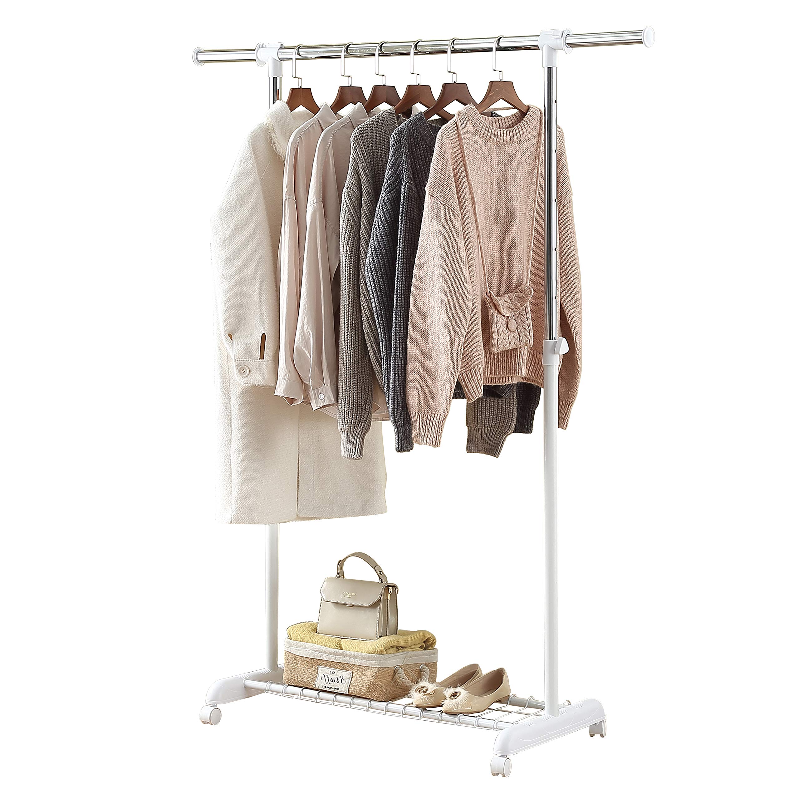 LiaMeE Adjustable Clothing Rack for Hanging Clothes, Heavy Duty Garment Rack with Wheels，Free Standing Rolling Clothes Rack with Shelf & Grid, Easy Assembly Standard Rod, White & Chrome