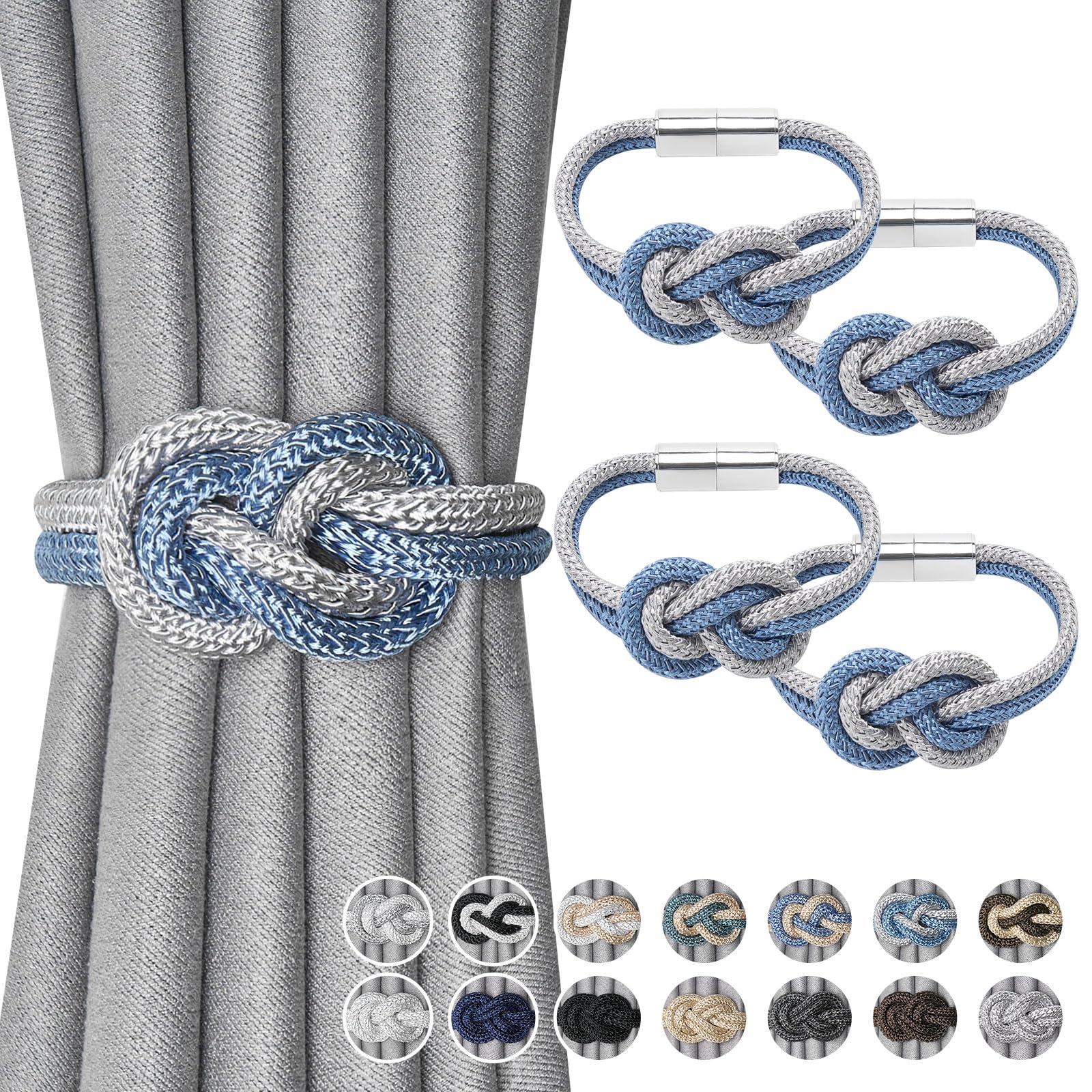 Pretty Jolly 4 Pack Mini Magnetic Curtain Tiebacks Nordic Simple Style Drape Tie Backs Elegant Hand Weave Rope Knot Decorative Curtain Holdbacks for Home & Office Window Drapery (Blue & Grey)