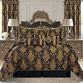 Loom and Mill 9-Piece Jacquard Comforter Set, Luxury Classic Black Damask Jacquard Comforter Queen Sets, Ultra Soft Bedding with Euro Shams, Bedskirt, Filled Decorative Pillow for Home Bedroom(Queen)