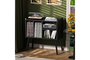 UODERS Record Player Table, Mid-Century Record Player Stand with Vinyl Storage Hold Up to 150+ Albums, Vinyl Record Cabinet with Adjustable Shelves, Wood Turntable Stand for Music Living Room (Black)