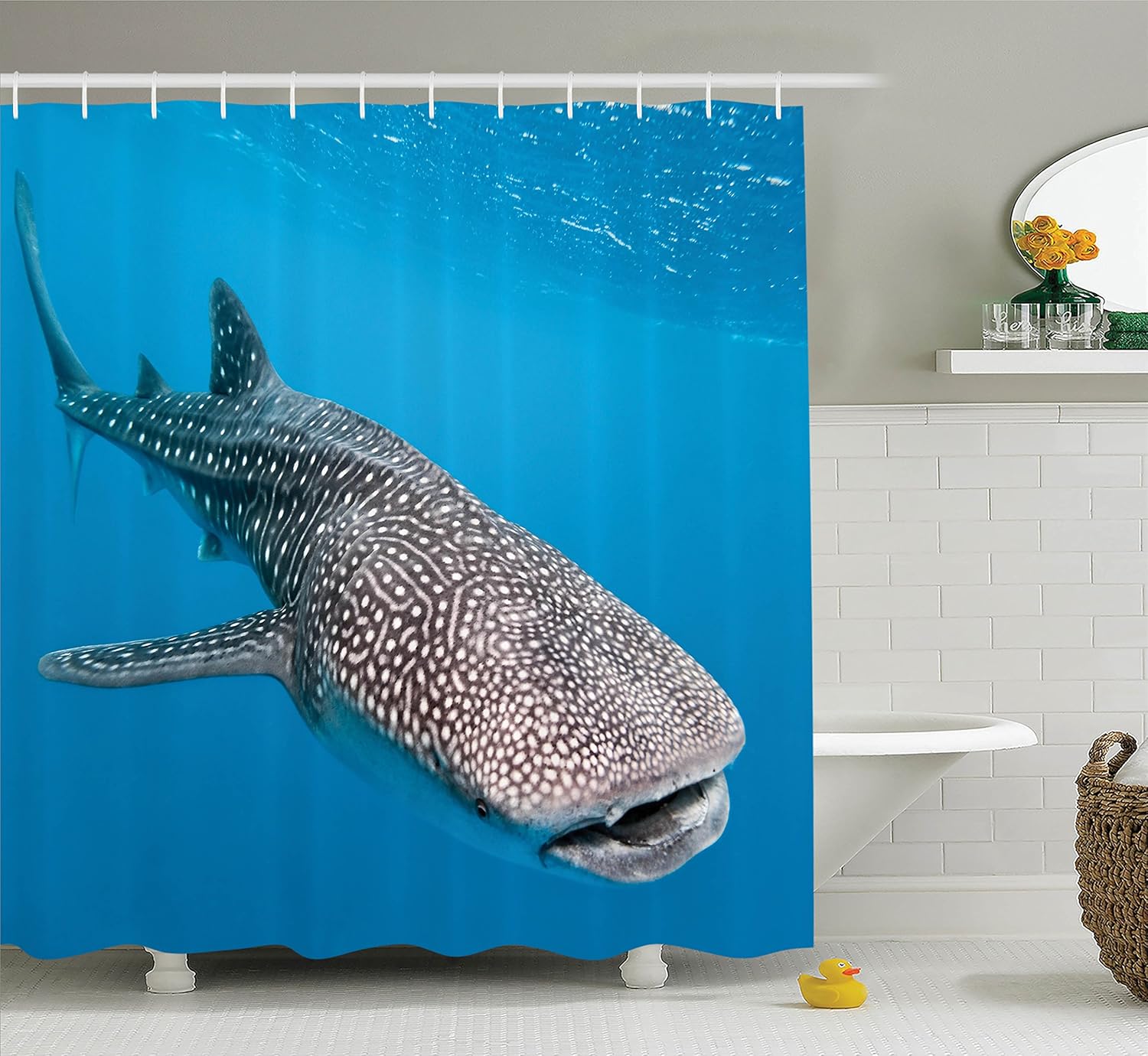 Ambesonne Sea Animals Decor Shower Curtain Set, Whale Shark Swimming Predators Hunter Clear Water Under The Sea Picture, Bathroom Accessories, 69W X 70L Inches, Blue Grey