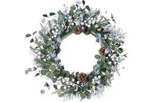J'FLORU Christmas Wreaths for Front Door 20 Inch Artificial Christmas Wreath White Winter Wreath with Berries Pine Cones Pine Needles for Xmas Winter Holidays