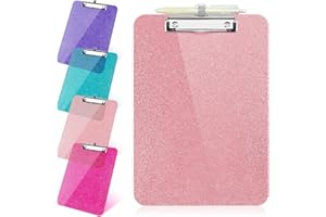 SFLHHDM 1 Pcs Clear Glitter Clipboards, Plastic Clipboard with Pen Holder, Size 8.85 x 12.4 in Shiny Clipboards with Low Profile Clip, Cute Hanging Clipboard for Office School Supplies Sparkly Clip board-Pink