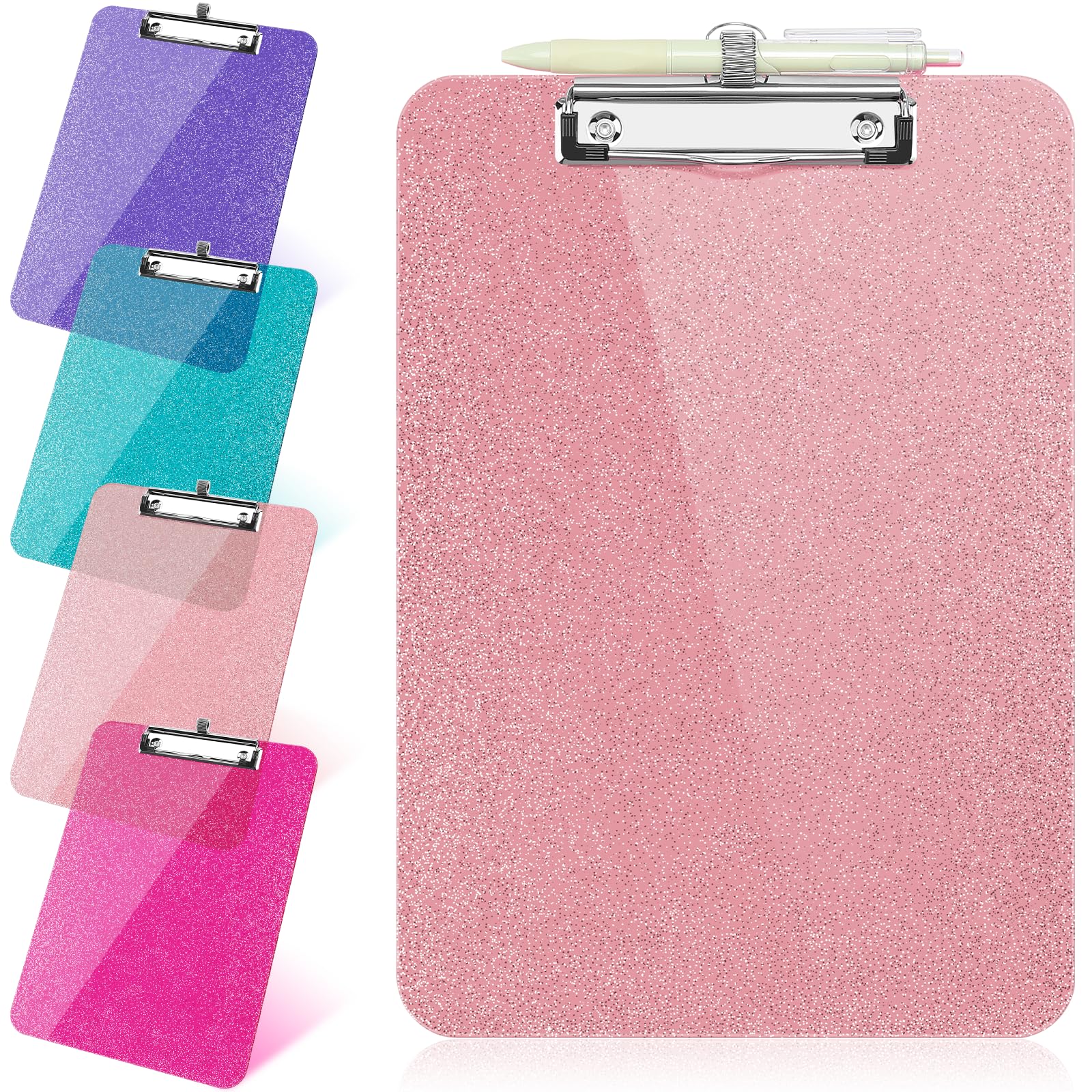 View 1 of 1 Pcs Clear Glitter Clipboards, Plastic Clipboard with Pen Holder, Size 8.85 x 12.4 in Shiny Clipboards with Low Profile Clip, Cute Hanging Clipboard for Office School Supplies Sparkly Clip board-Pink