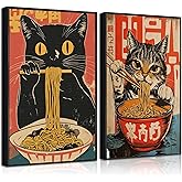 2Pcs Funny Japanese Cat Canvas Wall Art Whimsical Cat Eating Ramen Pictures Vintage Black Cat Poster Print Animal Food Painting for Living Room Dining Room Kitchen Wall Decoration 16x24in Unframed