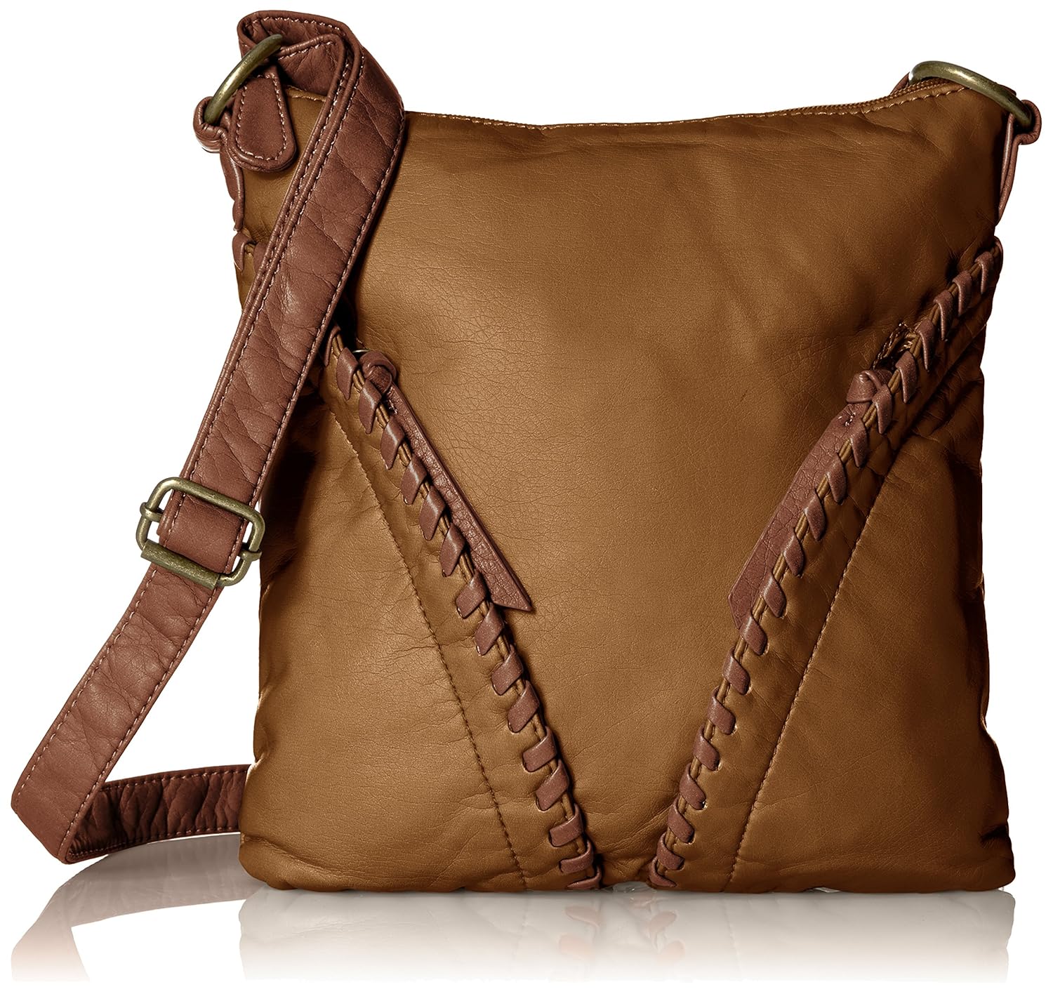 Bueno of California Washed Whipstich Crossbody Camel, Sepia Handbags