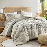 Hyde Lane Farmhouse Comforter Set Gray, Full/Queen Size Boho Bedding Sets, Cotton Top with Modern Neutral Style Clipped Jacquard Stripes, 3-Pieces Including Matching Pillow Shams (90x90 inches)