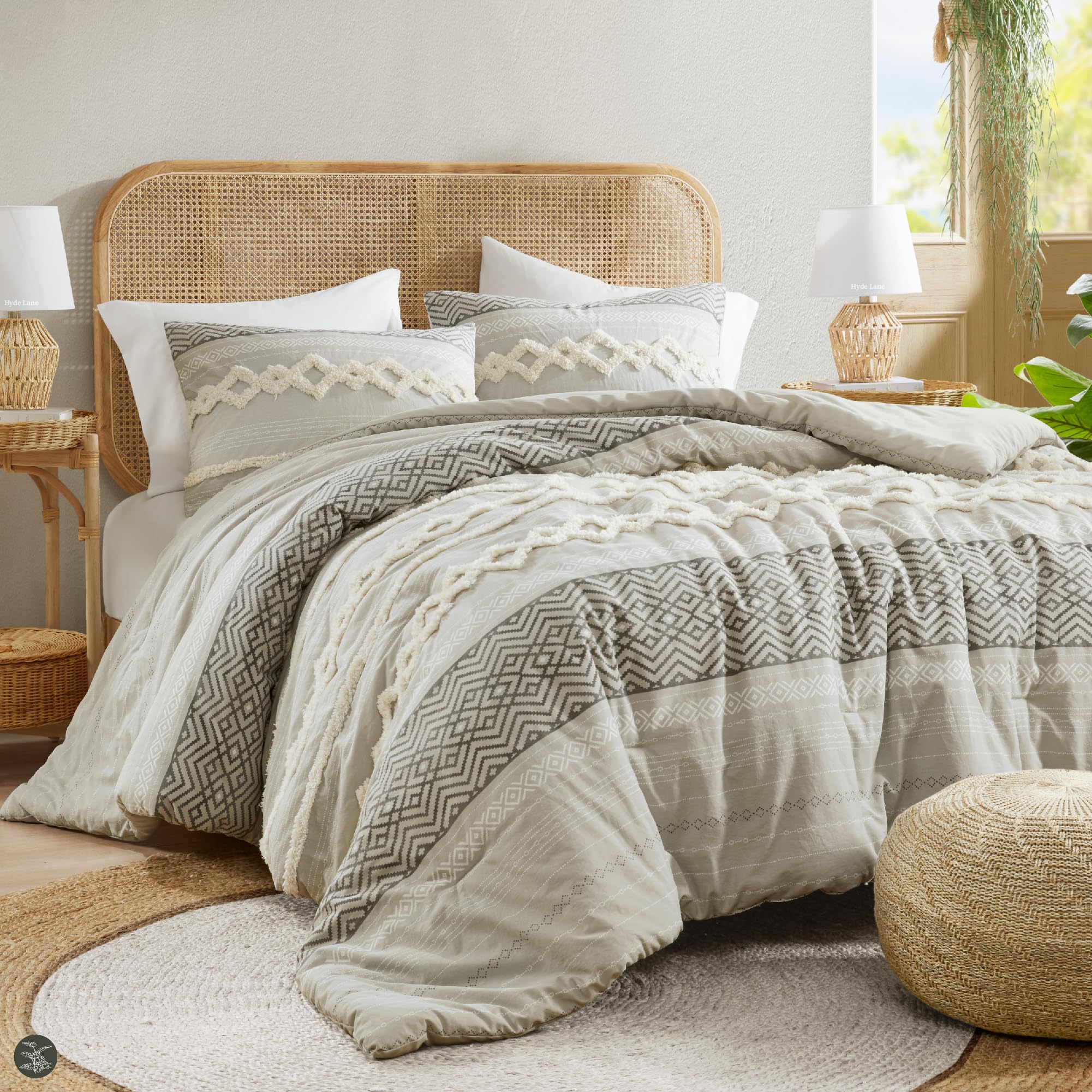 Photo 1 of Hyde Lane Farmhouse Comforter Set Gray, Full/Queen Size Boho Bedding Sets, Cotton Top with Modern Neutral Style Clipped Jacquard Stripes, 3-Pieces Including Matching Pillow Shams (90x90 inches)