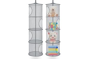 COASTAL ROSE 2Pcs Stuffed Animal Storage Foldable Stuffed Animal Net or Hammock Organizer, 4 Compartments Hanging Mesh Toy Storage Hammock for Kid Room Toys, Gloves, Hats, Socks（Grey）