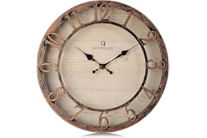 Lafocuse 12 Inch Brown Wall Clock for Home Decor, Rustic Farmhouse Clocks Silent Non Ticking with 3D Numerals, Horloge Murale