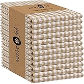 Native Fab Gingham Check Kitchen Dish Towels 16"x26" Set of 12-100% Cotton Mini Plaid Washcloths - Absorbent Dish Cloths Set, Cleaning Hand Towels with Hanging Loop - Beige White