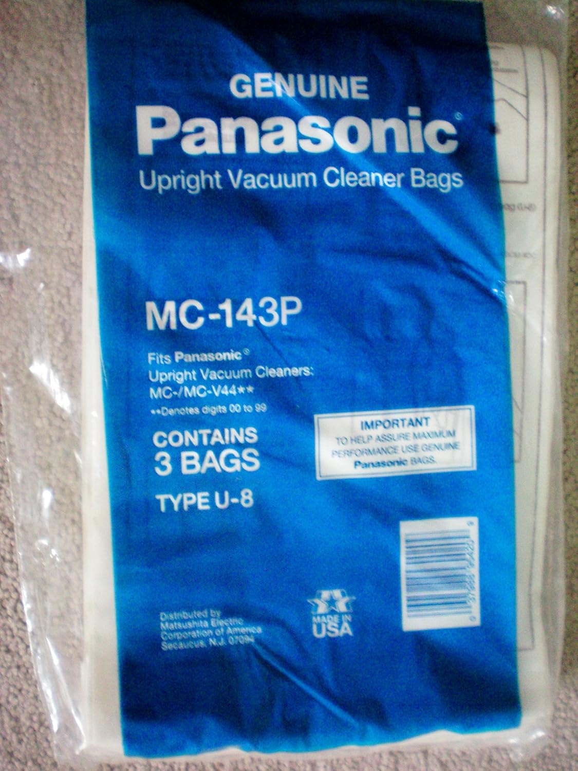 Genuine Panasonic Upright Vacuum Cleaner Bags Type U8