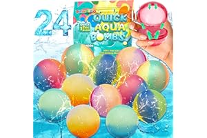Bambibo Reusable Water Balloons for Kids - Pack of 24 | Anti Slip Rainbow Design, Splash Balls | Mesh Bag | Refillable Water Balloons Quick Fill Magnetic Balls | Water Toys | Pool Party Gifts for Kids