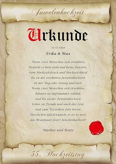Platinhochzeit Urkunde - Personalisierte Geschenkidee Für Den 55. Hochzeitstag