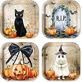 AGoooodySet 60pcs Halloween Retro Plates Square Paper Disposable Dinner Dessert Plates Ghost Bow Spiderwet Black Cat Pumpkin Vintage Tableware Set 9 inch Halloween Party Supplies for Kids