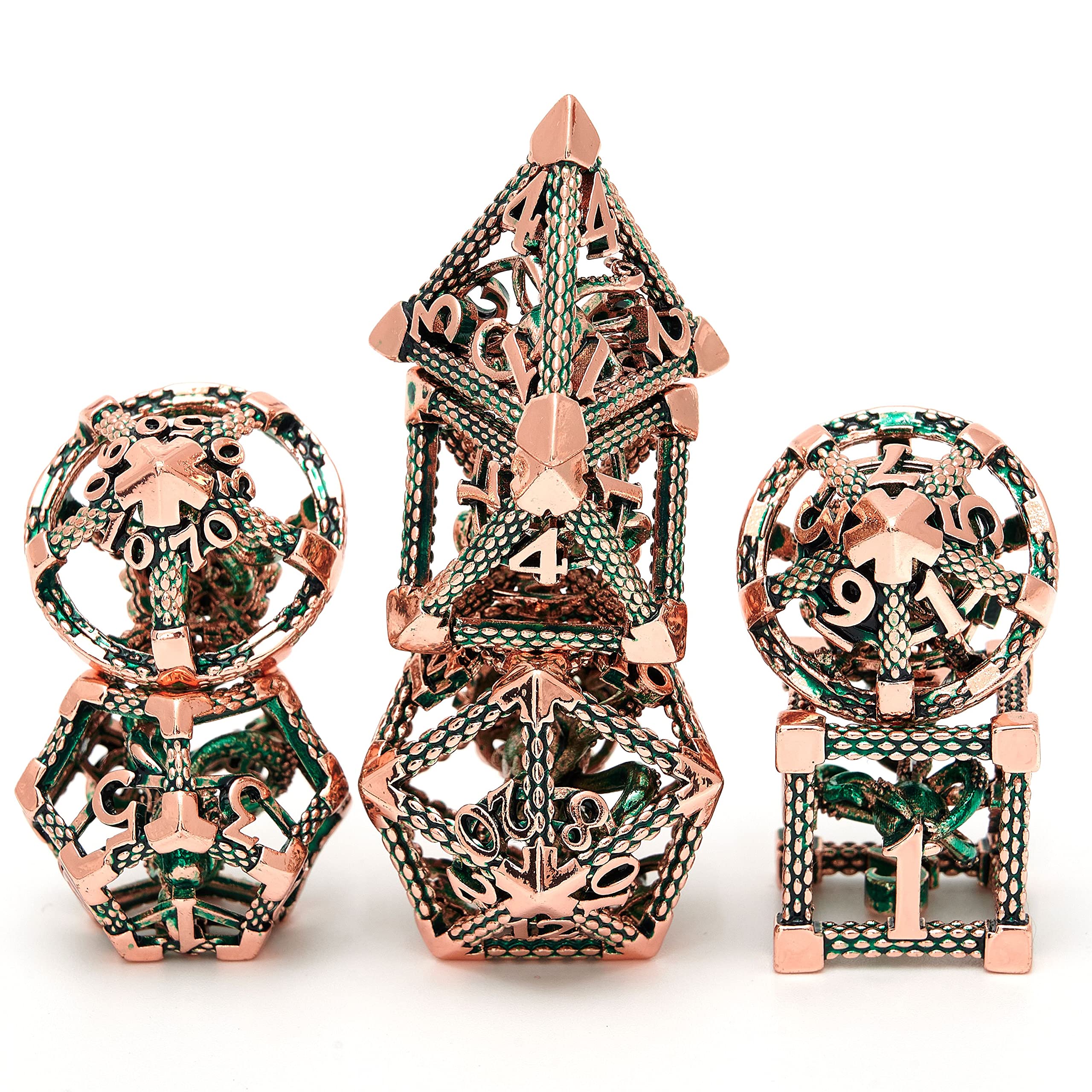 Hollow Metal DND Game Dice Octopus Head Suck Monster Rose Gold and Green 7Pcs Set for Dungeons and Dragons RPG MTG Table Games D&D Pathfinder Shadowrun and Math Teaching (with Metal Case)
