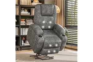 FURMAX Electric Power Lift Recliner Chair with Massage for Elderly Corduroy Fabric Recliner Single Sofa with Cup Holders, Side Pockets and Remote Control for Living Room Bedroom (Leathaire, Light Gray)