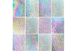 PALJOLLY 12 Sheets Iridescent Clear Stained Glass Sheet Variety Textures, 4 x 6 inch Transparent Cathedral Mosaic Glass for Crafts, Stained Glass Supplies for Art Glass Projects and Mosaic Work