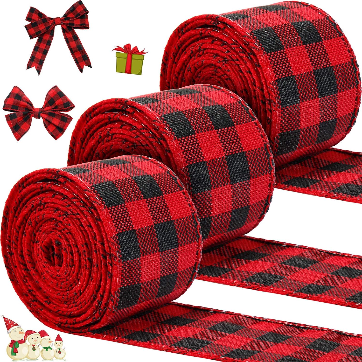 3 Rolls Christmas Wired Edge Ribbons 30 Yards x 2 Inches Wired Plaid Ribbon for