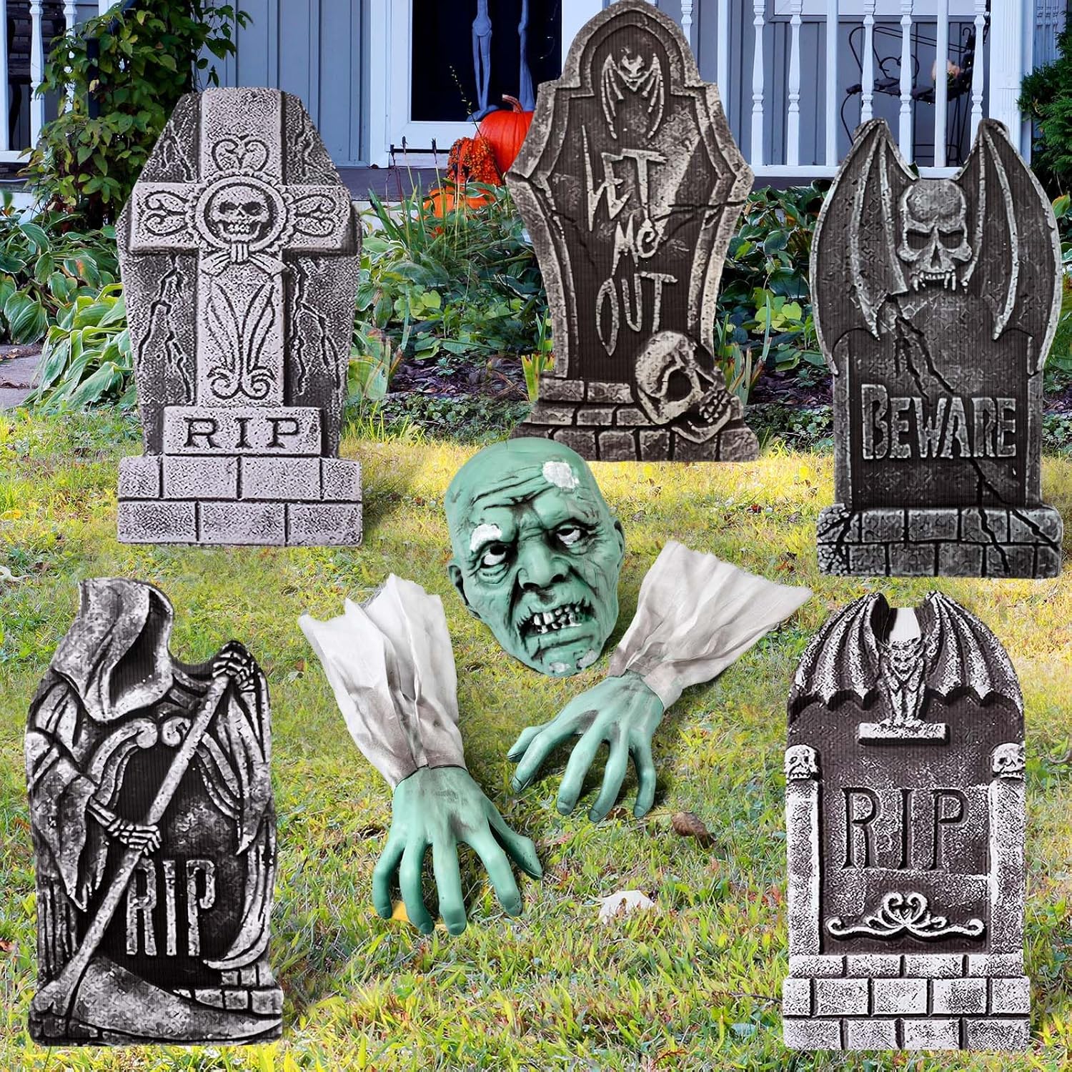 Decorative Garden Stakes - Soaoo Halloween Zombie Groundbreaker Decoration Set Include 1PCS Scary Skeleton Stake and 5 Pcs 17 Inch Halloween Foam RIP Graveyard Tombstones for Garden Lawn Yard Haunted House Prop Decor (Green)