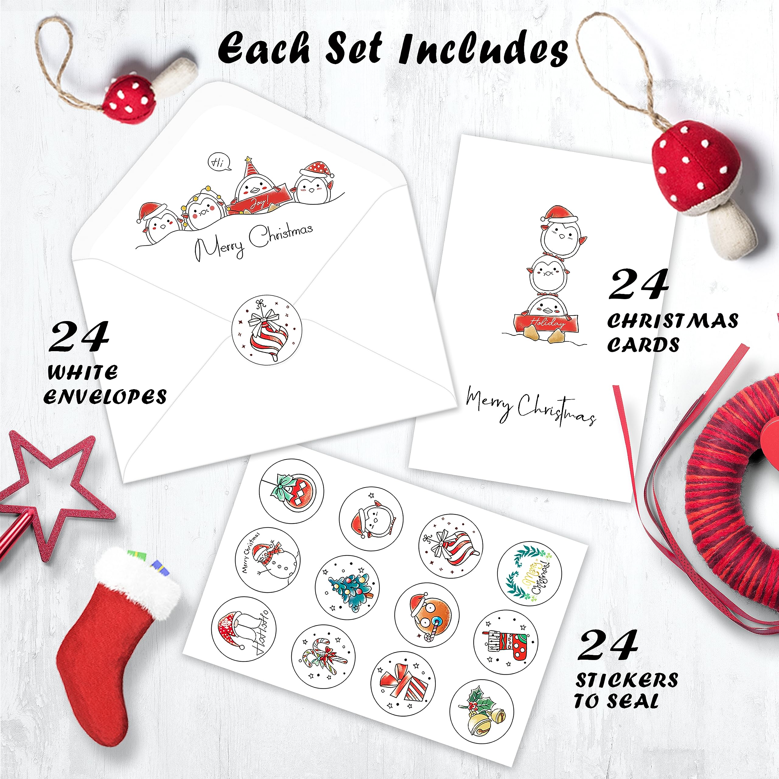 BGTCARDS Christmas Cards - Pack of 24, 6 Assorted Designs Merry Christmas Cards with Envelopes - Bulk Boxes card - Perfect to Send Warm Holiday Wishes to Friends and Family - 4