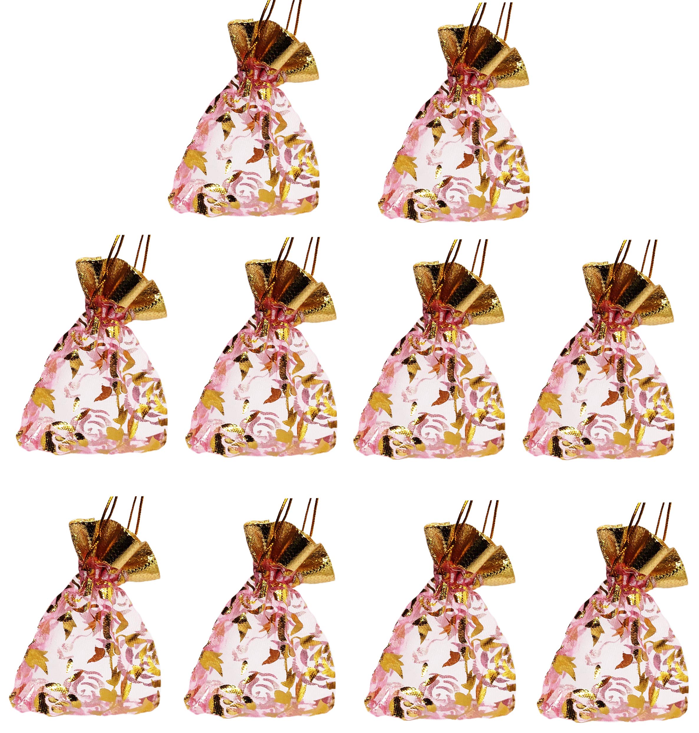 Purpledip Polyester Net Brocade Gift Pouch, Pink, 4 Inches: Pack of 10 Potli Gift Bags (12078)