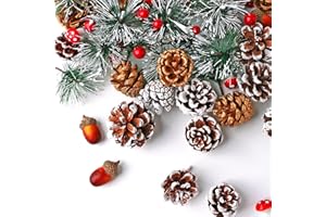 BeBesta Christmas Wreath Making Decoration Natural Pine Cones Artificial Bulk Berry Red Holly Pine Branch Acorns Set，Xmas Tree Ornament Home Fall Winter Christmas Party DIY Crafts,112pcs