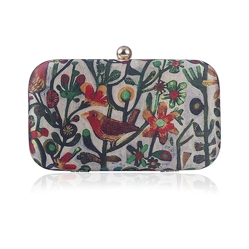 D&N Womens Silk HandCrafted Printed Designer Leaves and Flower Box Clutch, 8ft 4-inch(Multicolour)