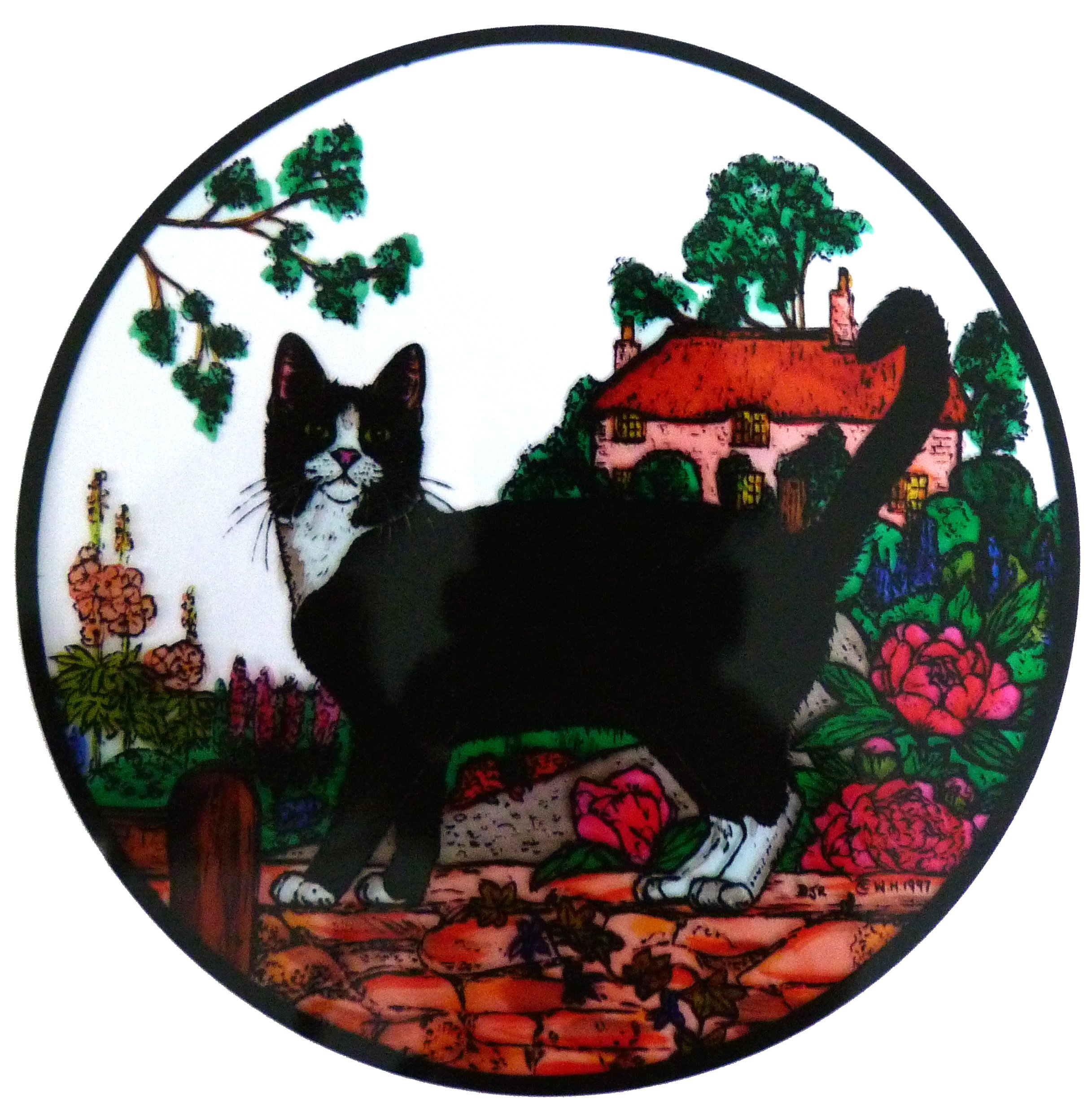 STAINED GLASS WINDOW ART - STATIC CLING DECORATION - COTTAGE GARDEN CAT