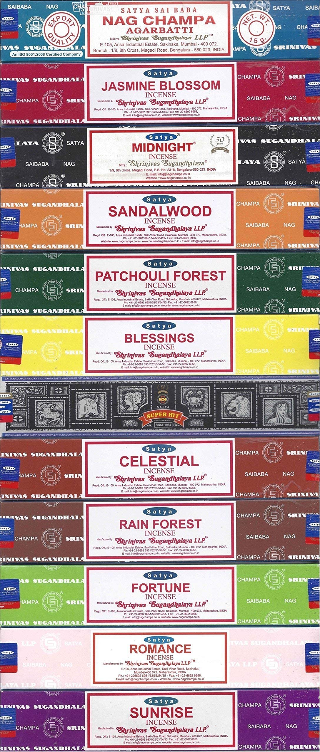 Satya Nag Champa Sunrise Sandalwood Midnight Patchouli Celestial Fortune Blessings Romance Super Hit Jasmine Blossom Rain forest Premium Assorted Incense Sticks 15g x 12 Pack — image 1