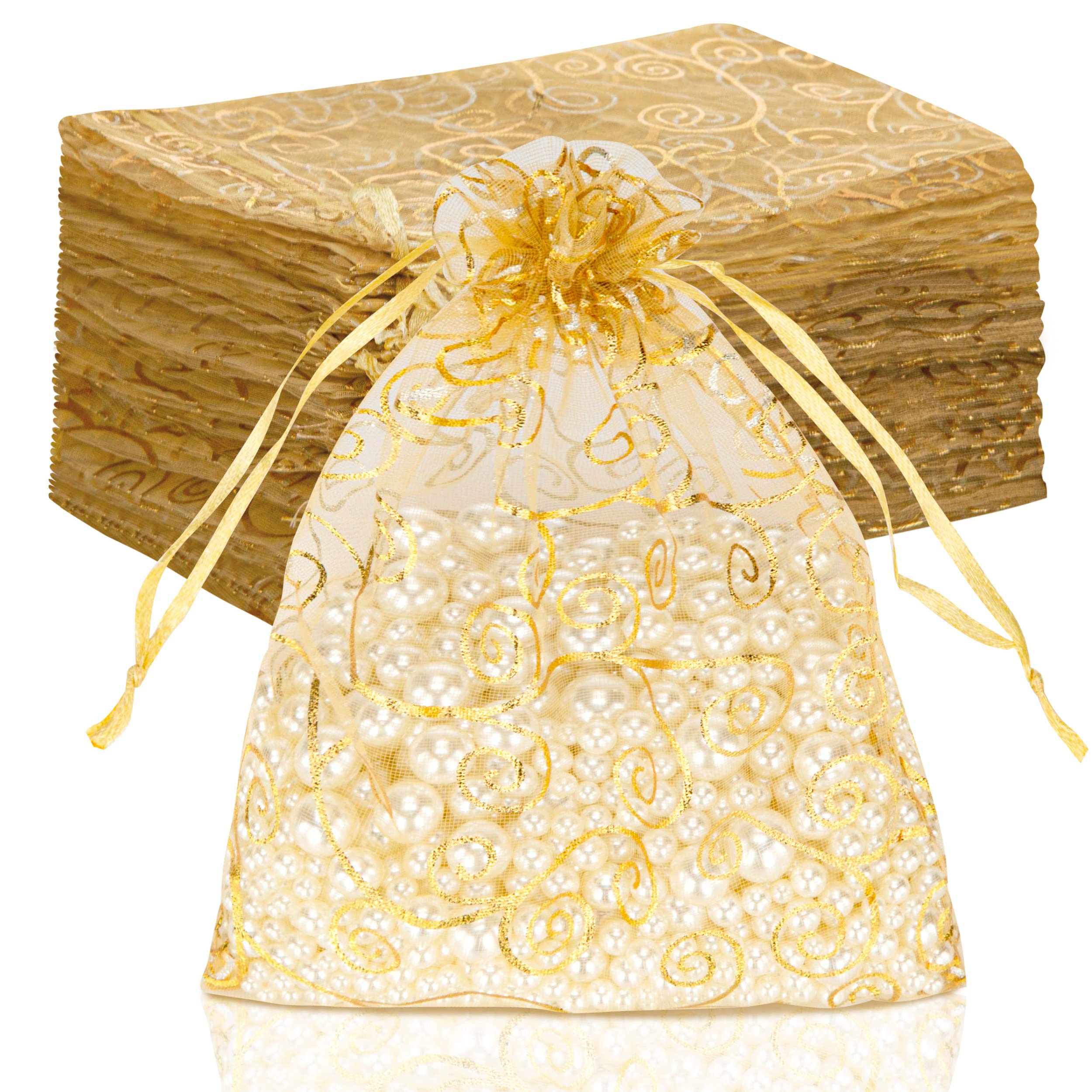 Photo 1 of Staruby Organza Gift Bags 100Pcs Gold Sheer Organza Bag 5x7 Inch Mesh Favor Bags Drawstring Jewelry Rattan Printed Gift Pouches for Wedding Party Favors Couple Shower Christmas Gifts Candy Bags