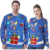 JOYIN Ugly Christmas Sweater Women Men Couples, LED Light Up Ugly Christmas Sweater Kids 2025 String Lights（Blue）
