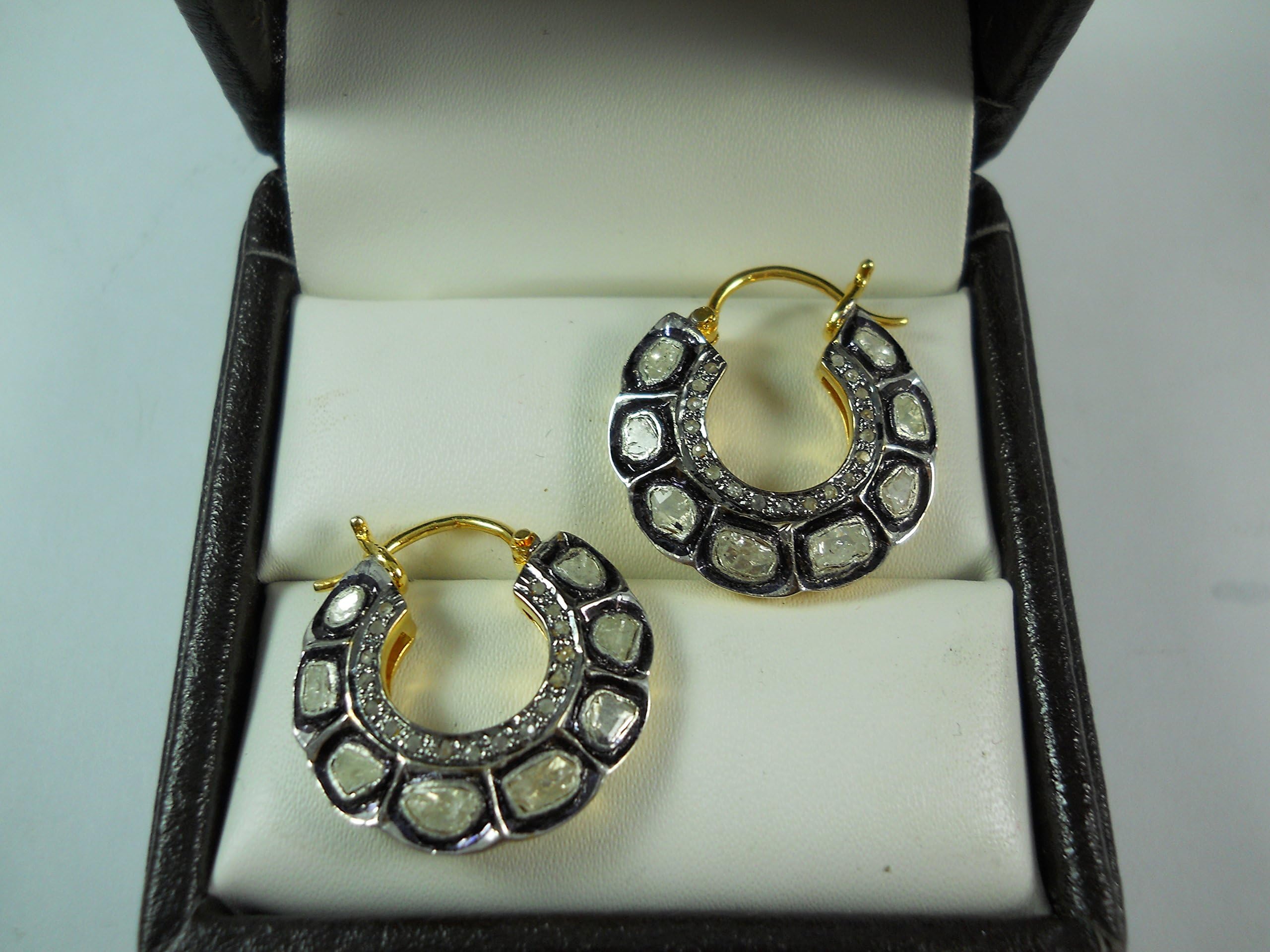 Victorian 3.7ct Rose Cut Uncut Diamond Pave Diamond Sterling Silver Hoops Earrings