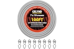 CELYND Stainless Steel Cable for Railing - 100FT 1/4" T316 Wire Rope with Clamps and Thimbles - 7 x 19 Strands 6700 LBS Breaking Strength for Outdoor Deck Railing Zipline