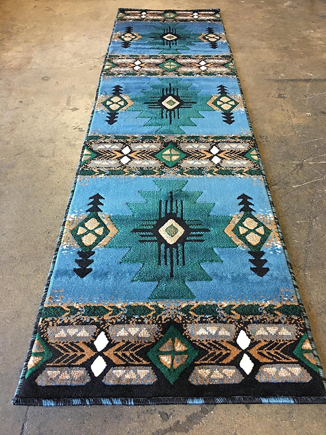 Southwestern Native American Carpet Area Rug Geometric Light Blue Green Design #CR71 (32 Inch X 15 Feet 6 Inch Runner)