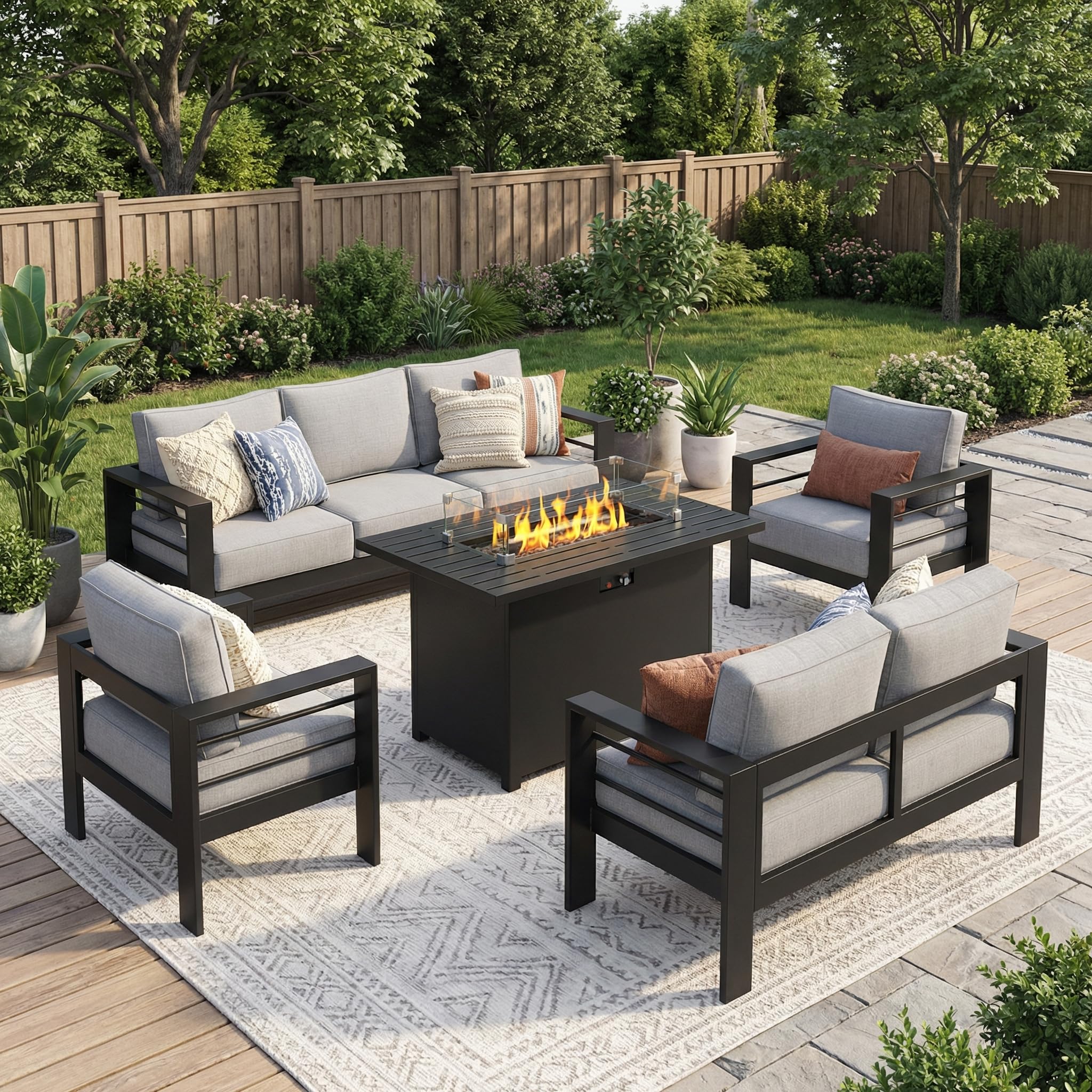 View 1 of *** PARTIAL SET COUCH ONLY *** ***FINAL SALE/NO RETURN *** 4/11/26 UPDATED JT
Solaste Aluminum Outdoor Patio Furniture Set with 43" Fire Pit Table, 7 Seats Patio Sectional Sofa with 5" Thick Cushion, Outdoor Patio Set for Porch, Backyard, Deck, Yard, Lig