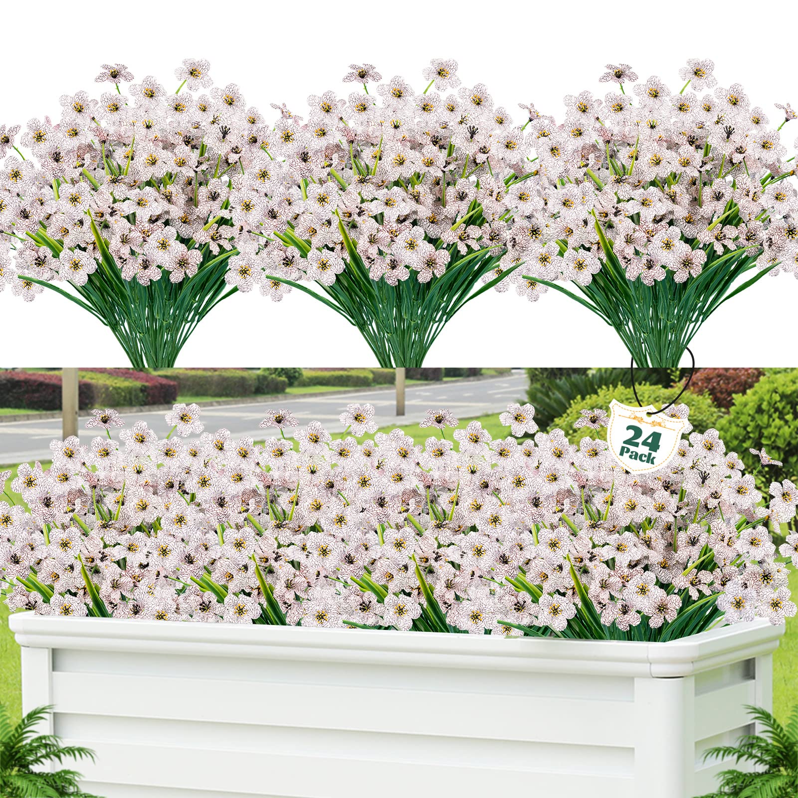 Photo 1 of Lnoicy 24 Pcs Artificial Flowers for Outdoor,Plastic Flowers Decoration, UV Resistant Faux Flowers Shrubs, Artificial Plants for Indoor Outside Garden Home Wedding Farmhouse(White)