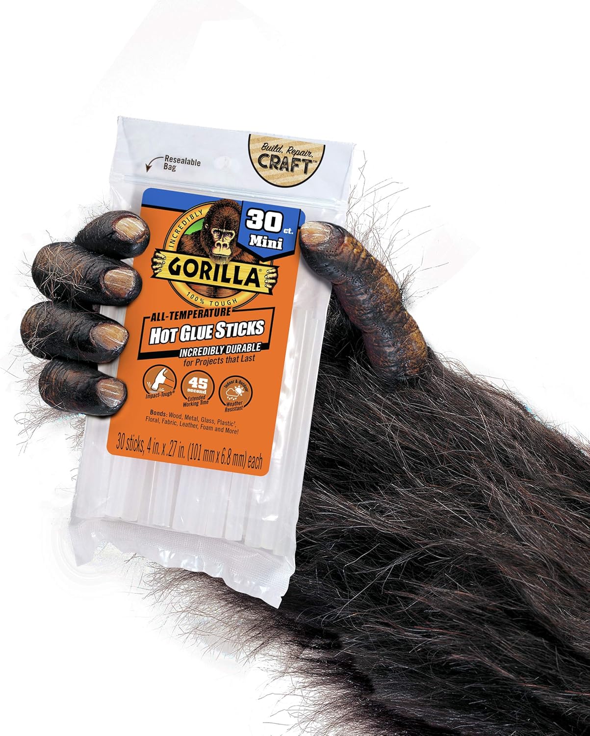 Gorilla Hot Glue Sticks, Mini Size, 4" Long x .27" Diameter, 30 Count, Clear, (Pack of 2) - - 