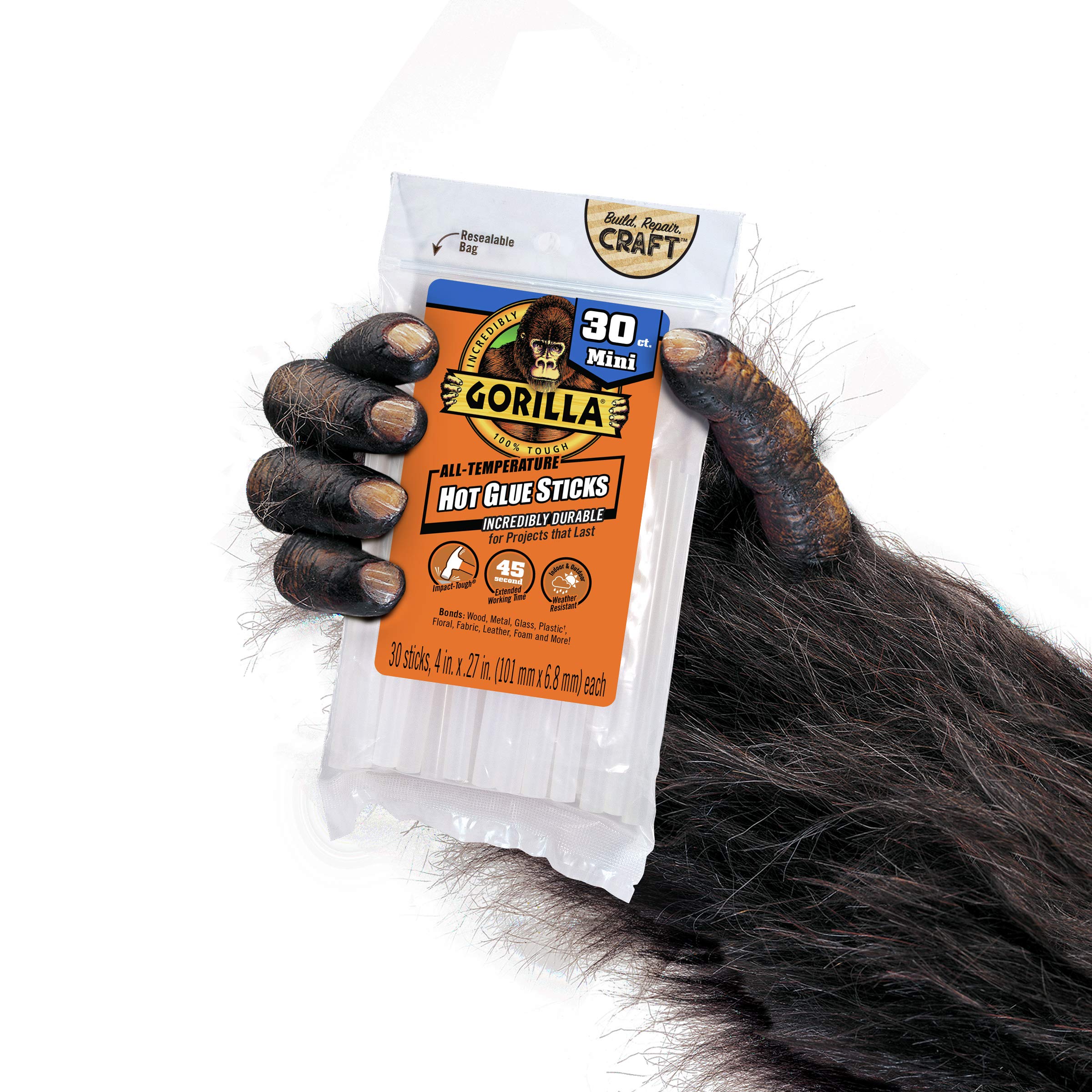 Gorilla Hot Glue Sticks, Mini Size, 4" Long x .27" Diameter, 30 Count