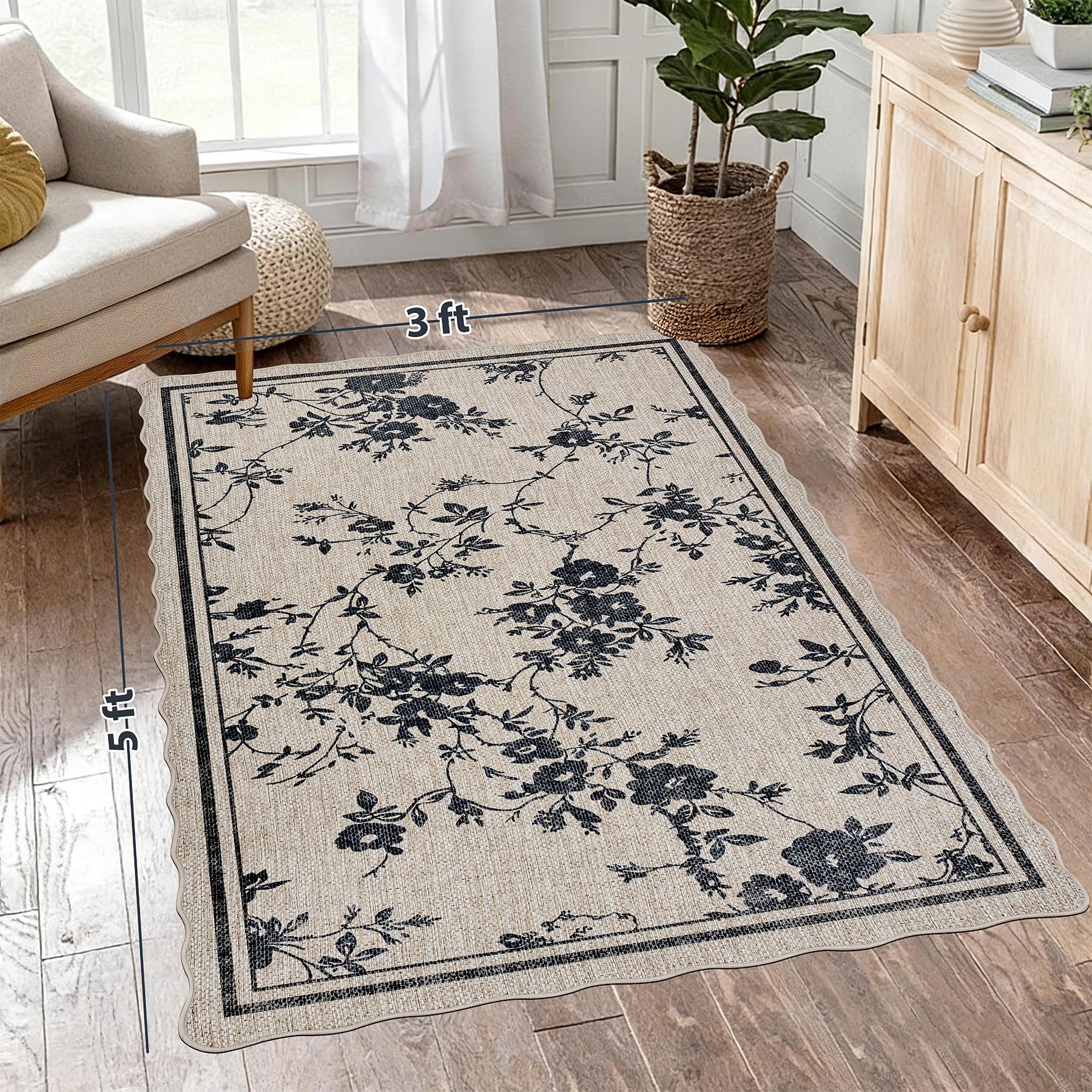 Condition photo showing New/Like New for ortigia scalloped easy jute 3x5 area rug vintage black floral farmhouse washable rug non-slip indoor
