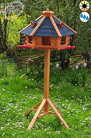 ÖLBAUM Vogelhaus mit Landebahn und Bitumendach, Massivholz,wetterfest, mit Ständer/mit Standfuß und Silo,Futtersilo - Gartend