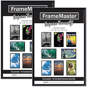 FrameMaster 24x36 Poster Frame (2 Pack, Black), Pre-Assembled Black Poster Frame 24 x 36, Sturdy Modern PVC Frame Design with MDF Backer Board for Wall Mounting, Set of 2