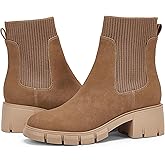 Ruanyu Womens Platform Ankle Boots Elastic Chunky Block Heel Chelsea Booties Lug Sole Non-Slip Combat Shoes