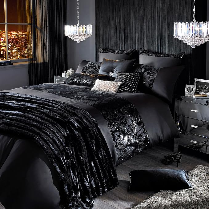 Kylie Minogue Valaza Duvet Quilt Cover Sequin Black Satin Bedding 200TC