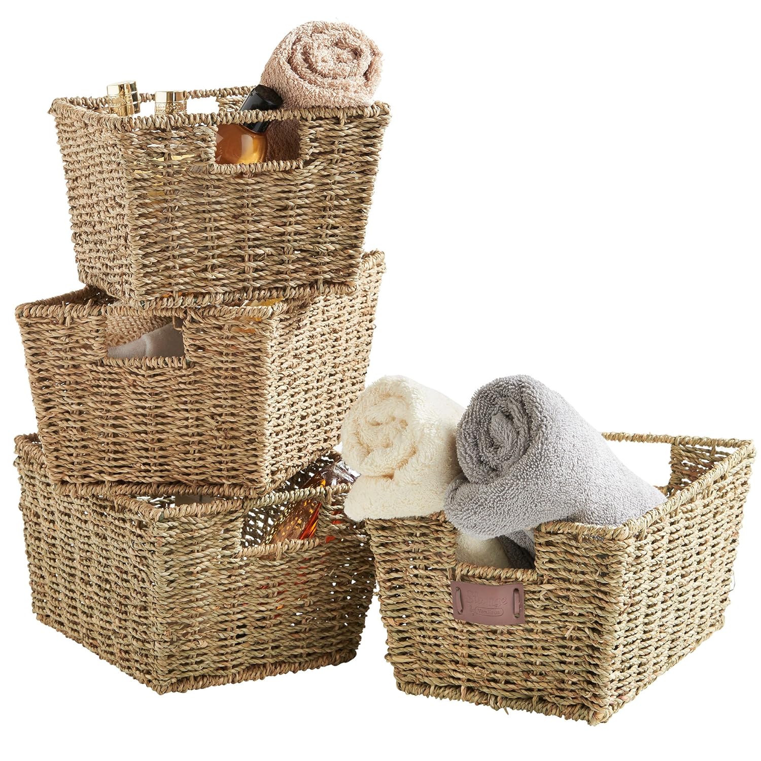 VonHaus Set of 4 Sea Grass Storage Baskets Stackable Display Hampers for Bathroom, Living Room