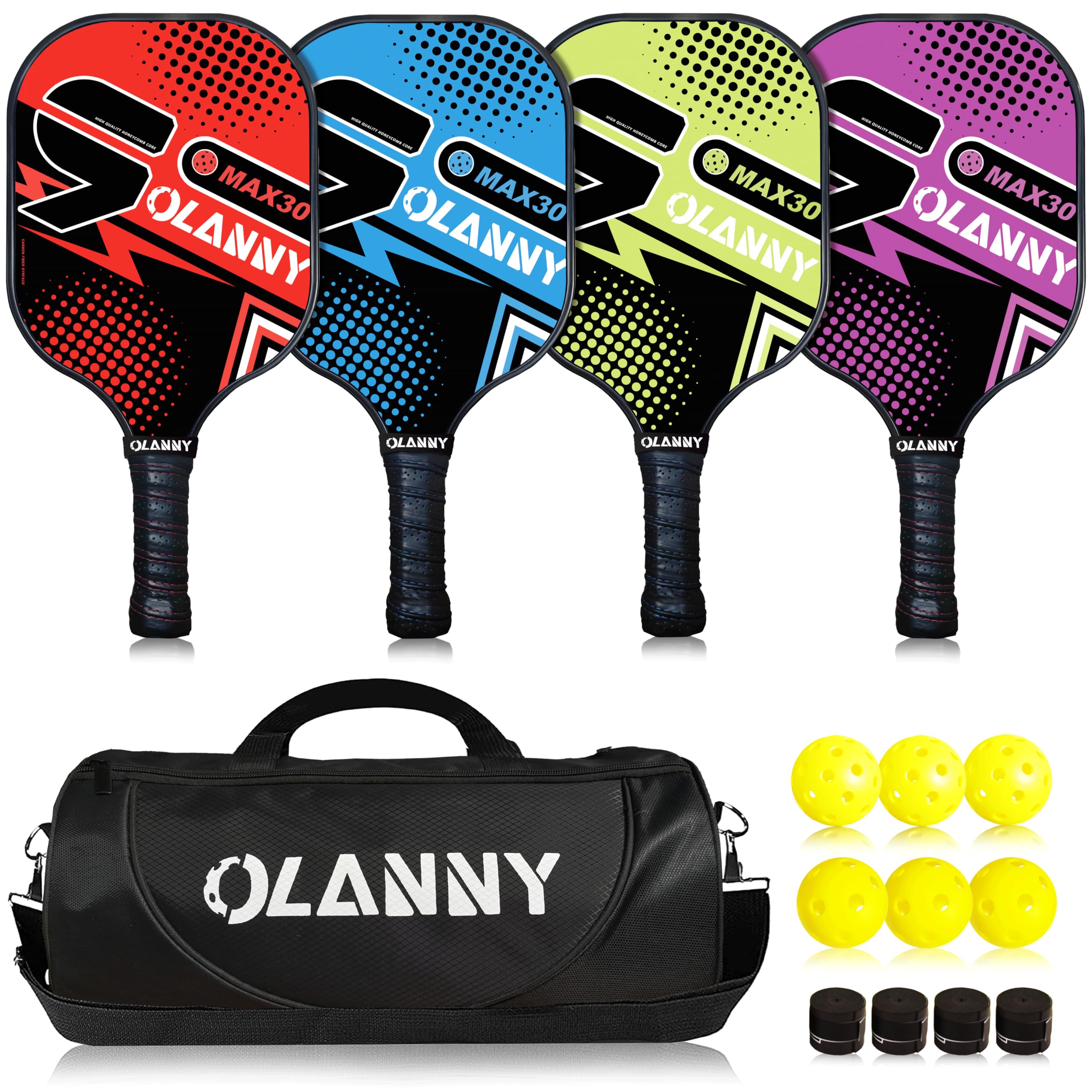 OLANNY Pickleball Paddles Set of 4 Pickleball Rackets Graphite Pickleball Set Polymer Honeycomb CoreLightweight Pickleball Set Includes 4 Pickleball Paddles + 4 Balls + 1 Pickleball Bag Image
