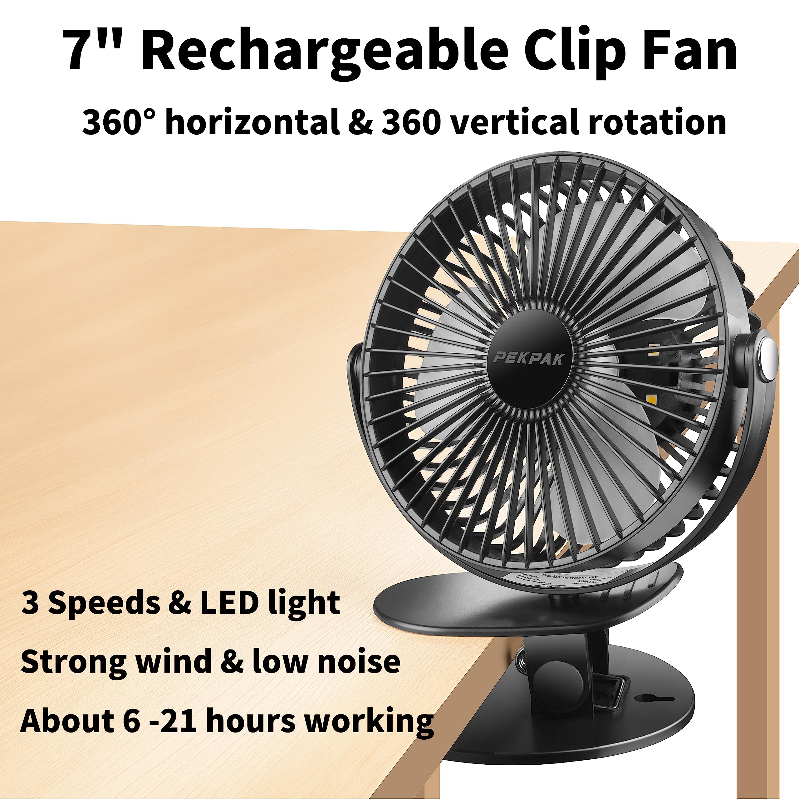 Clip on Fan,7 Inch 5000mAh Battery Operated Fan,Rechargeable Personal,3 in 1 Desk Portable Usb Fan,LED Light,3 Speeds,720°Rotation for Travel/Stroller/Bed/Office/Camping/Dorm/Bedroom(Black)