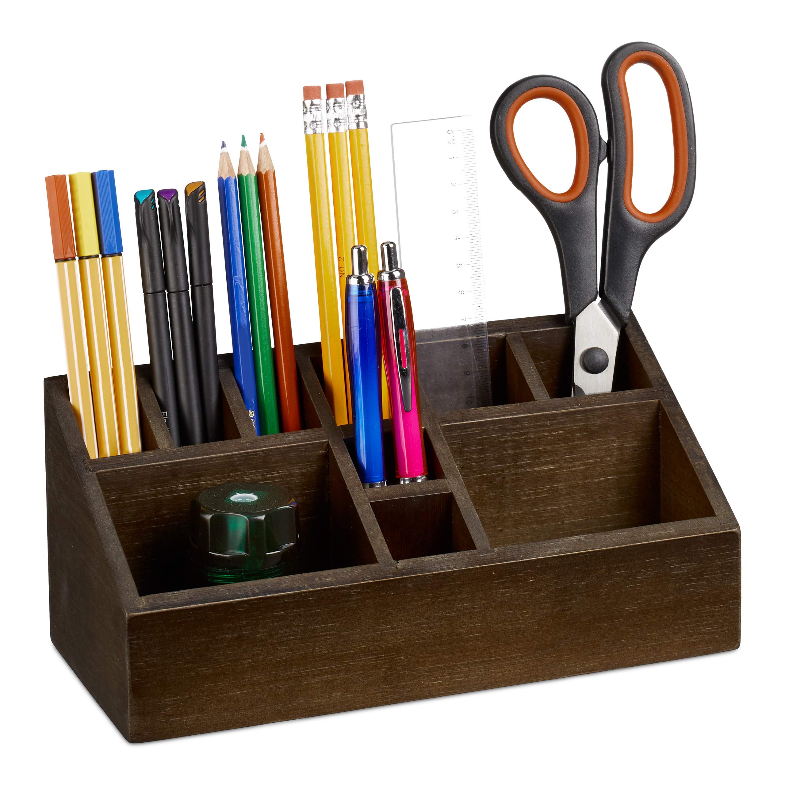 Relaxdays Pen Holder, Bamboo Desk Organiser with 10 Compartments for Pens and Notes, Tray, Dark Brown