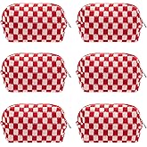 PAZIMIIK Checkered Makeup Bag for Purse Portable Zipper Make Up Pouch Small Cosmetic Case for Travel Accessories (6PCS Red)
